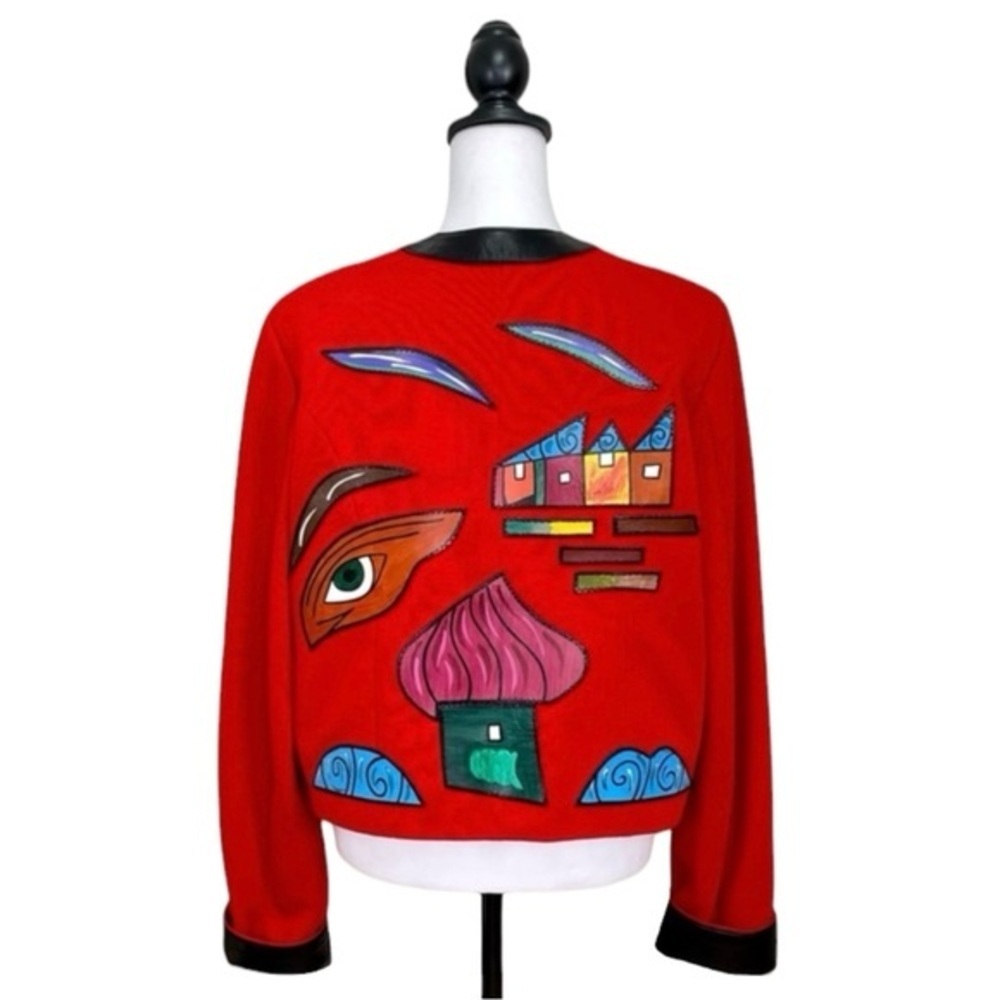 Pikamo Vintage 90s Statement Jacket Art To Wear Leather Trim Wool Blend Red XL - Picture 1 of 8